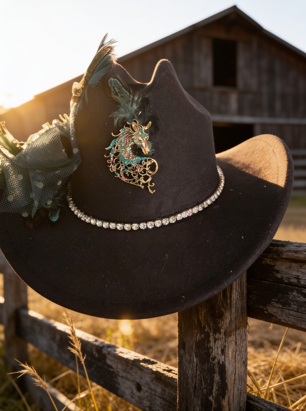 Black Felt Western Hat with Teal Feather Brooch and Rhinestone Band